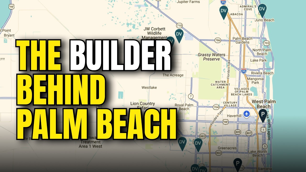 Bold title over a map: “THE BUILDER BEHIND PALM BEACH” in yellow and white.