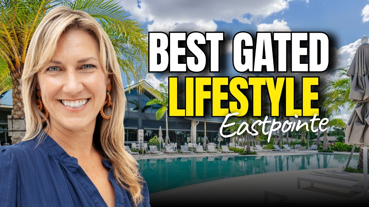 Smiling woman by a luxury waterfront community with palm trees and the text “Best Gated Lifestyle Eastpointe”
