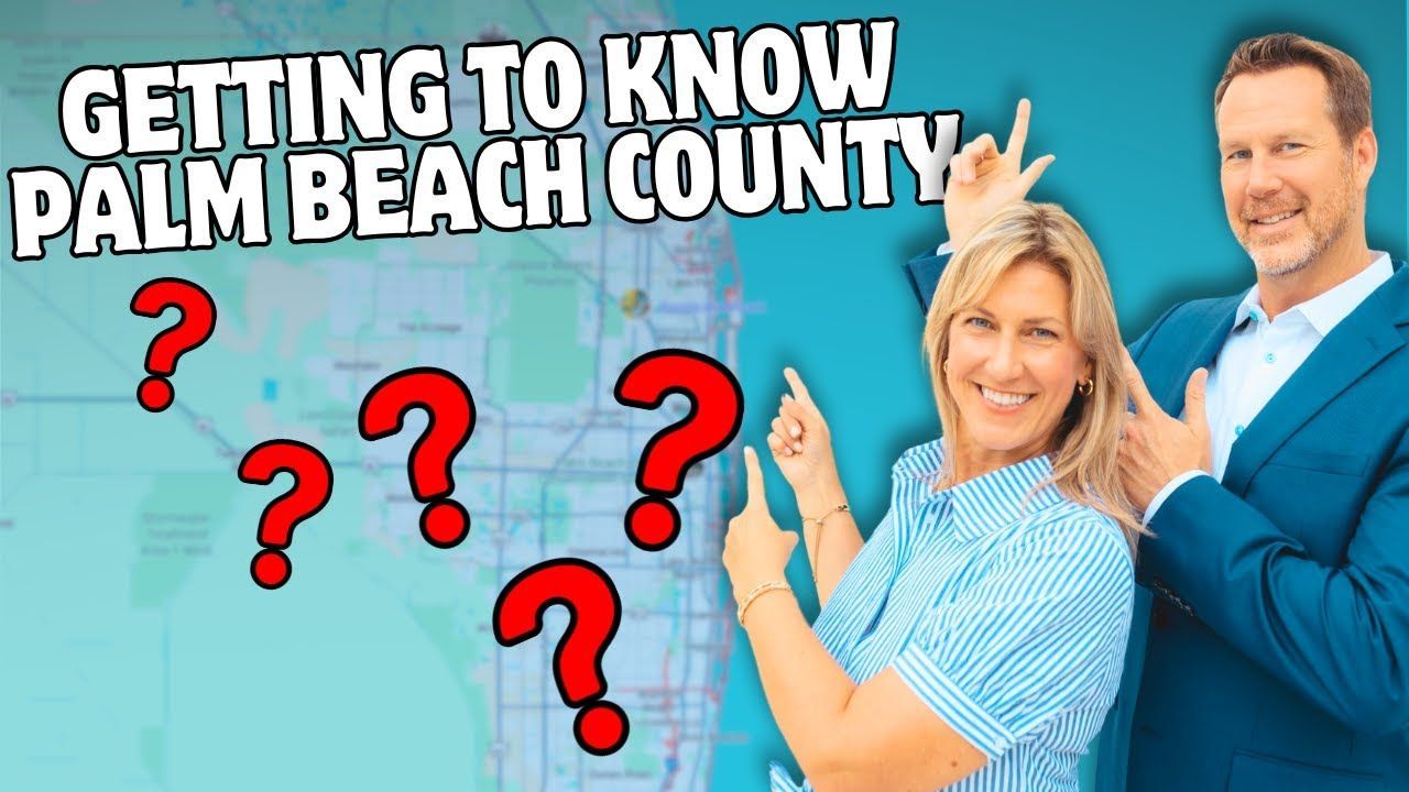 Two people point at a map of Palm Beach County with question marks, text reads 