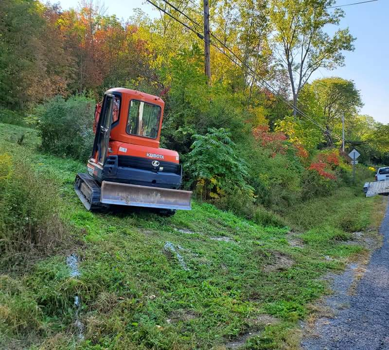 一辆普通尺寸的橙色久保田挖掘机正在向森林移动，准备安装涵道。