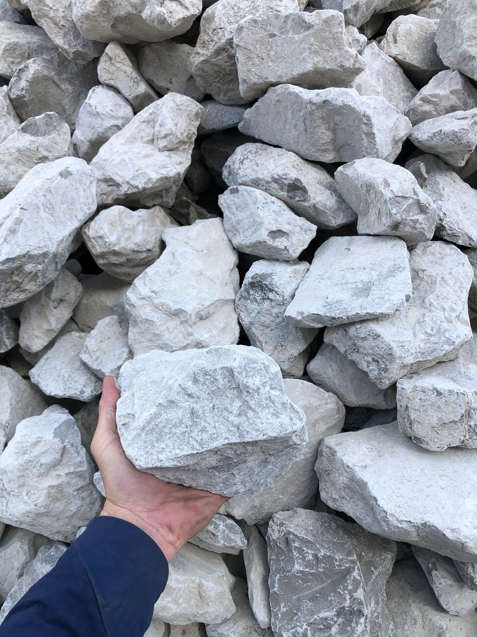 A person is holding a large rock in their hand in front of a pile of rocks.