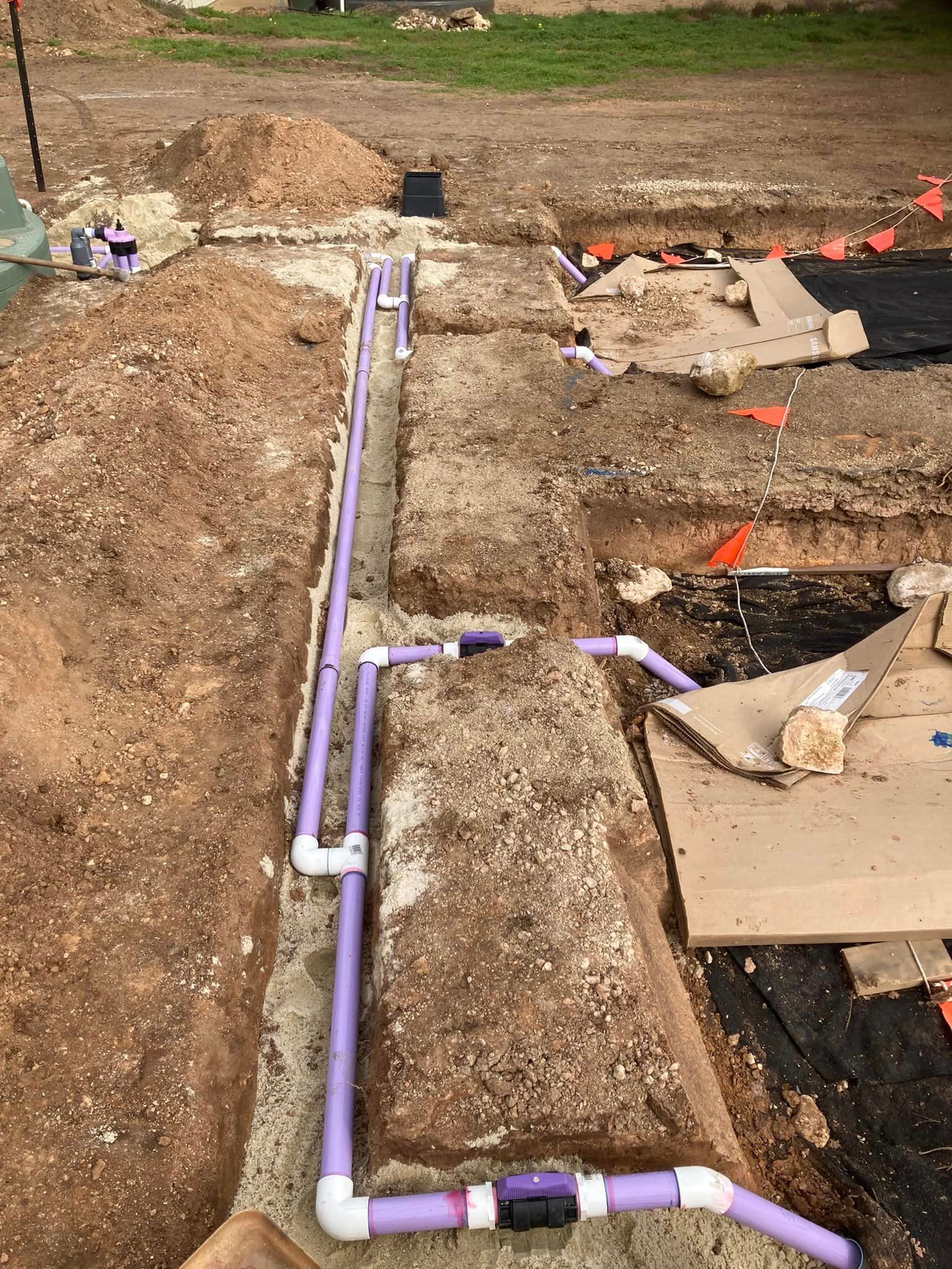 A bunch of purple pipes are being installed in the dirt.