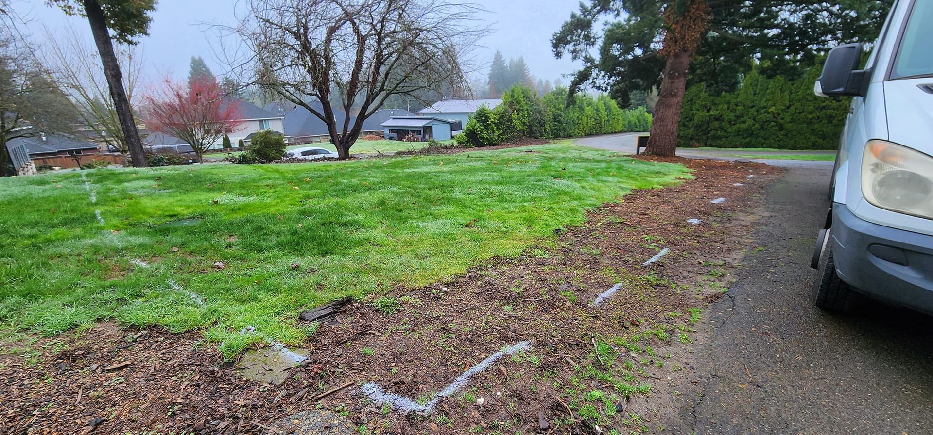 A white van is parked in a driveway next to a lush green field.