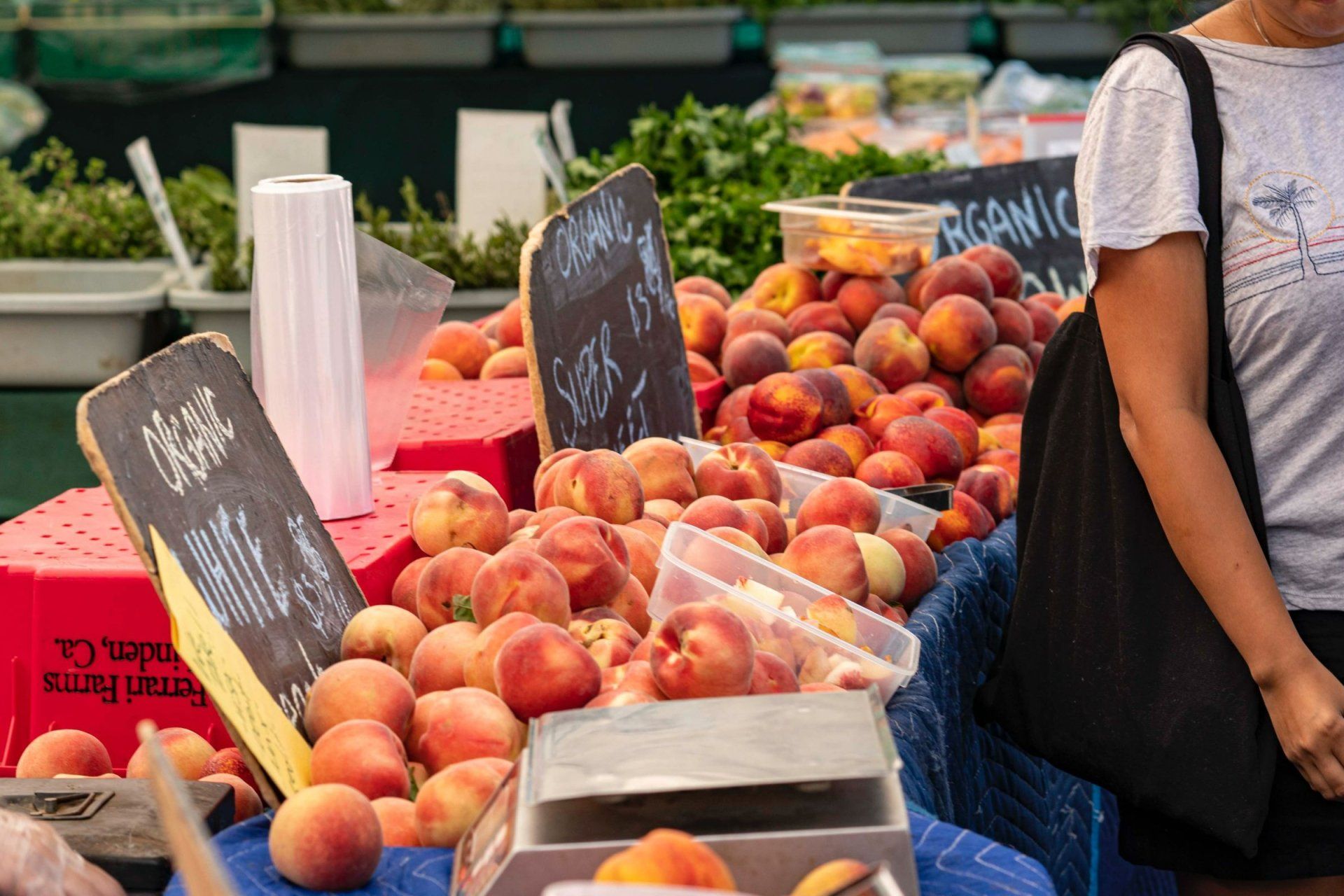 a woman stands in front of a table full of peaches and a sign that says organic