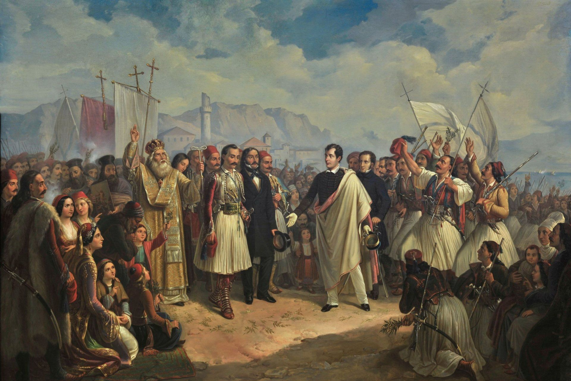 a painting of a group of people with a flag that says ' greece ' on it