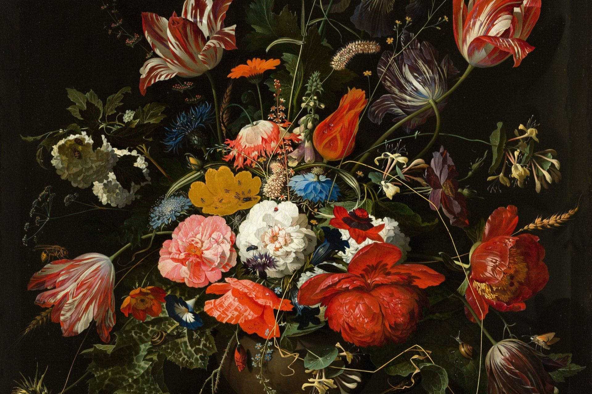 a painting of flowers in a vase on a black background