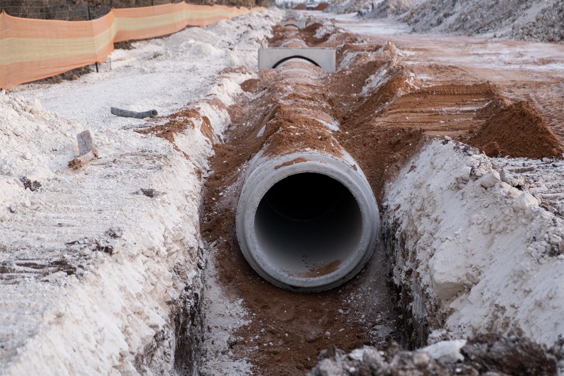 A large concrete pipe is sitting in the middle of a dirt field.