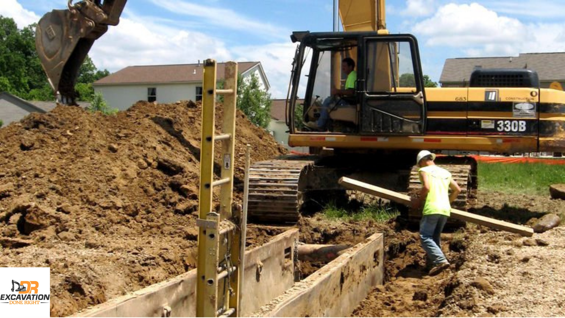 A construction site with a yellow excavator that says 3130