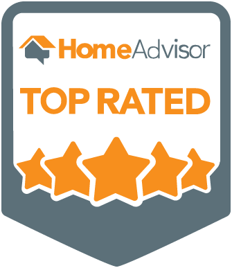 A badge that says home advisor top rated with five stars.