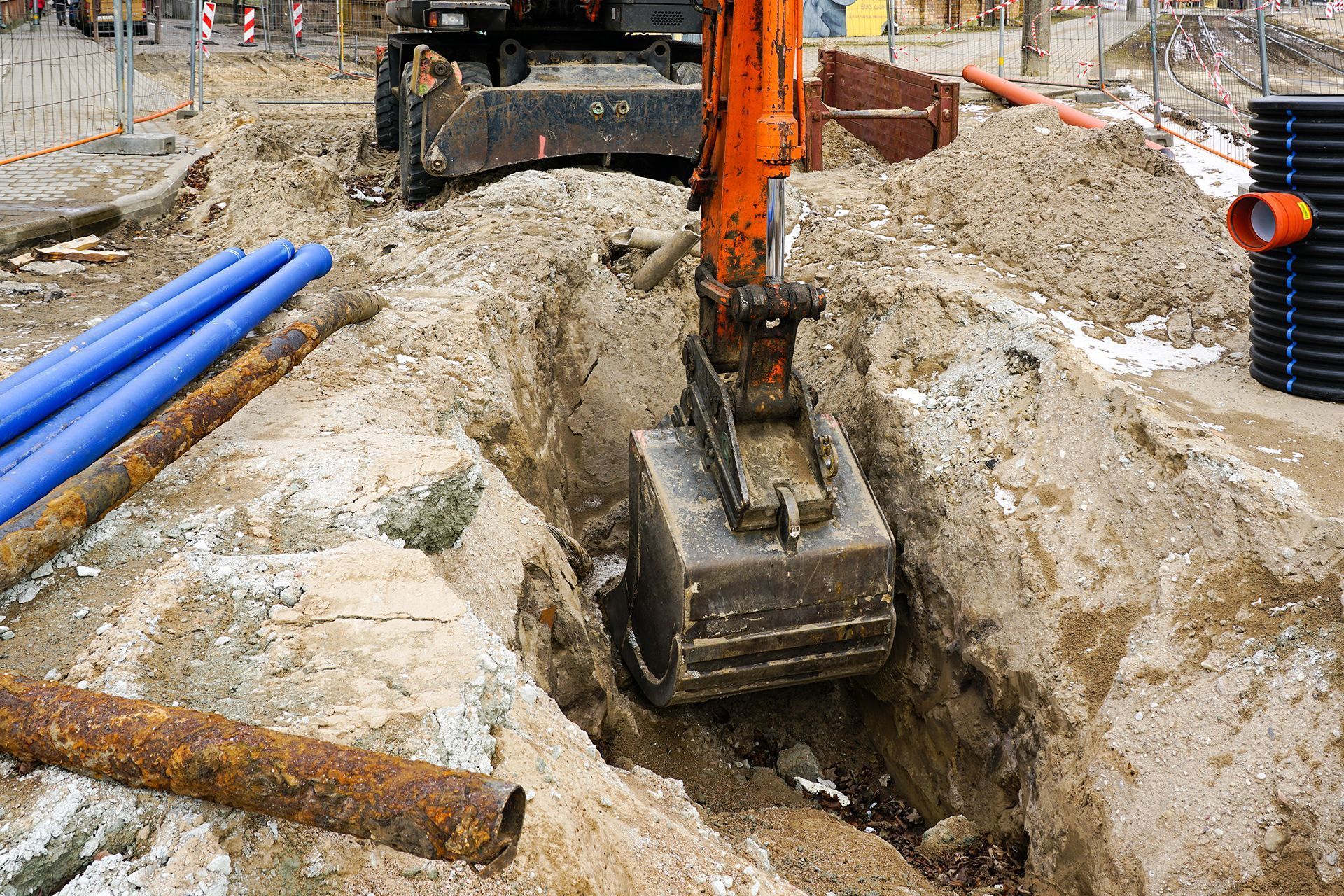 An excavator is digging a hole in the ground at a construction site.