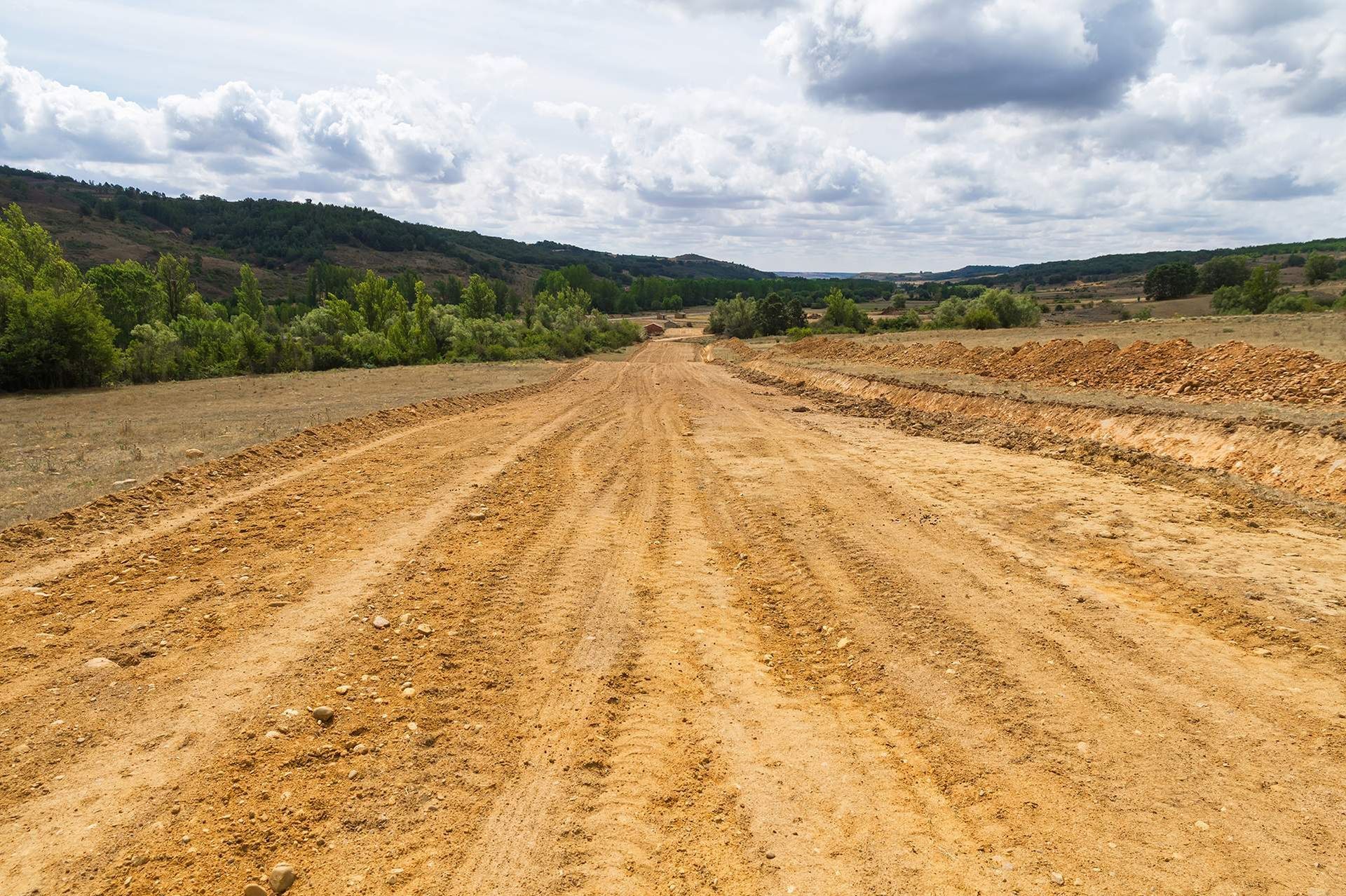 A dirt road going through a field with trees on the side.