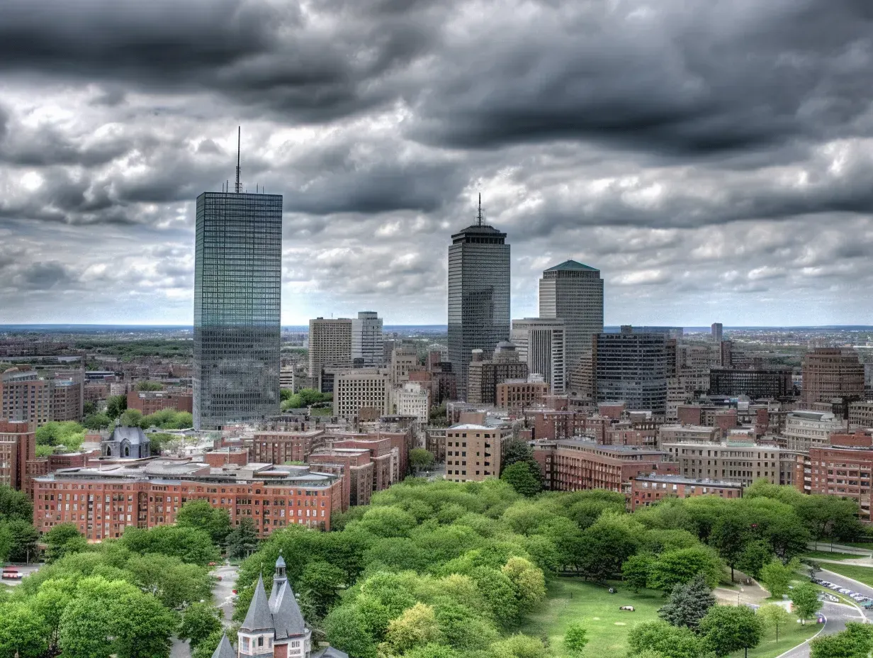 An aerial view of a city on a cloudy day