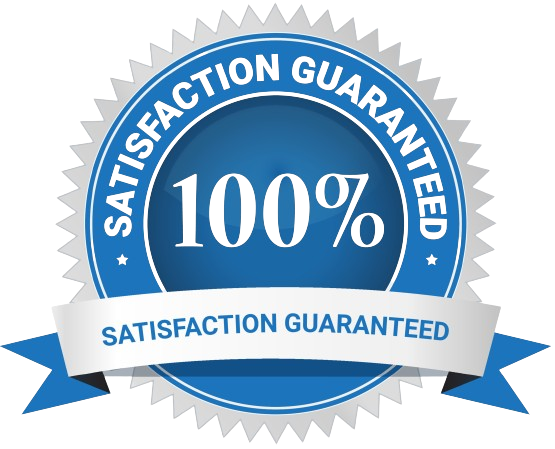 A blue satisfaction guaranteed label with a white ribbon