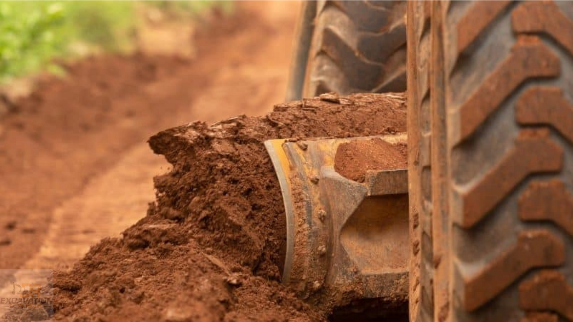 A tractor is digging a hole in the dirt on a dirt road.