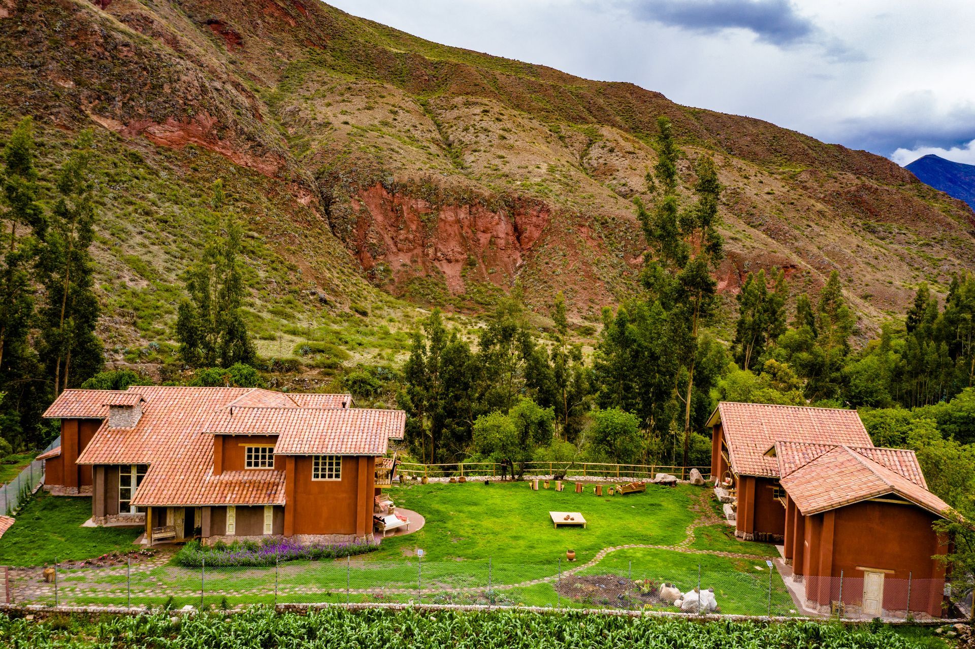 A couple of houses are sitting on top of a lush green hillside.