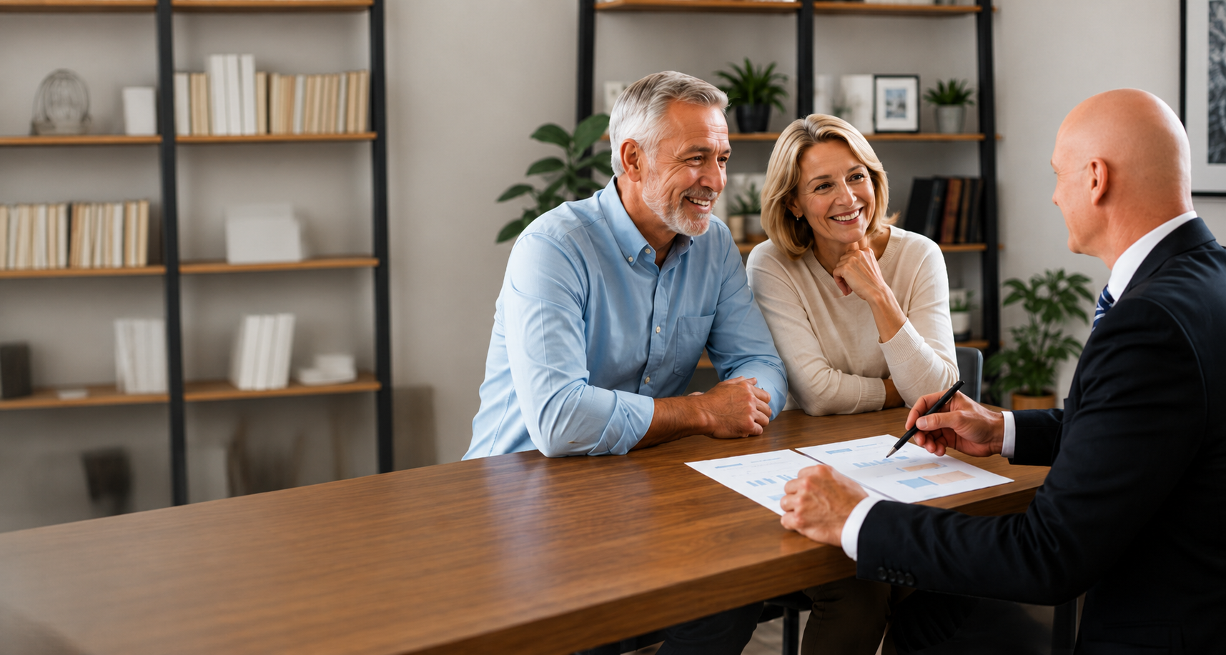 Two People Consulting With a Financial Advisor at a Wooden Table in an Office — Midcoast Financial Planning Group in Tuncurry, NSW