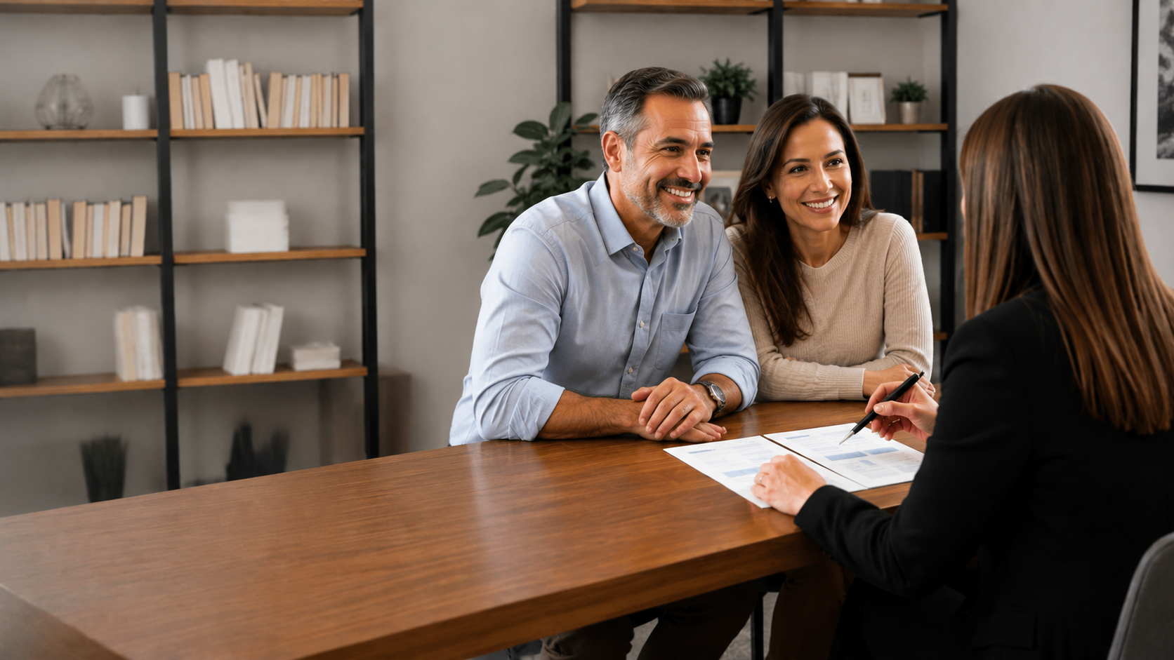 Two People Smiling Across a Desk in a Modern Office While a Woman Takes Notes — Midcoast Financial Planning Group in Tuncurry, NSW