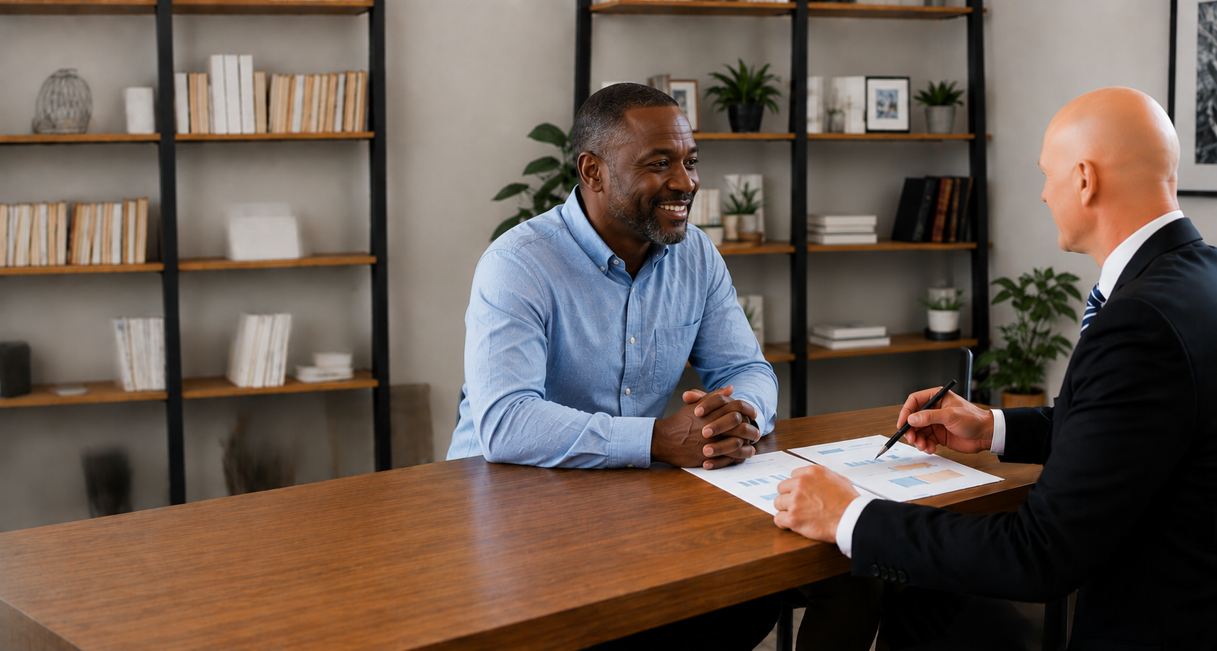 Two People Meeting at a Wooden Table in an Office — Midcoast Financial Planning Group in Tuncurry, NSW