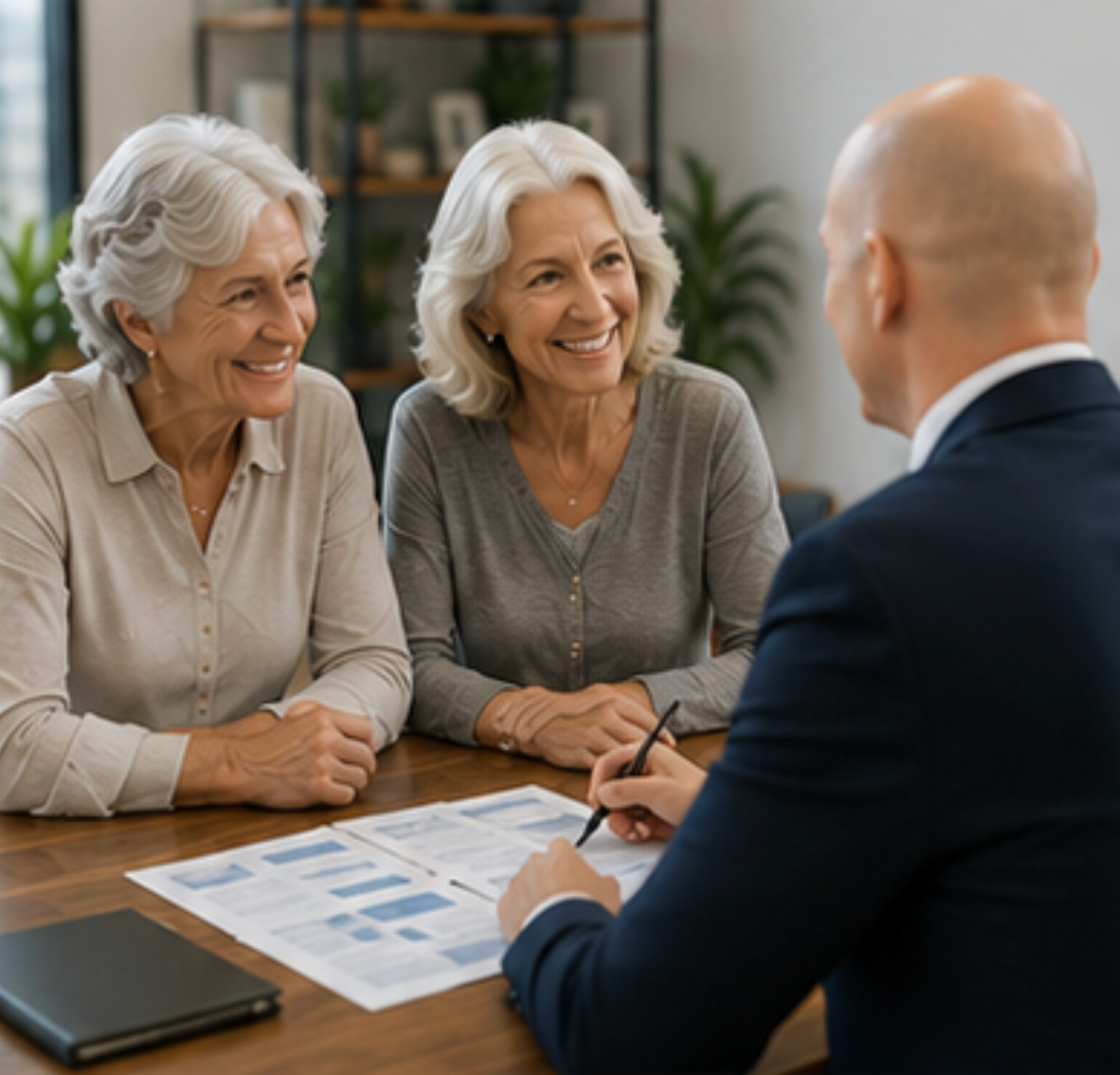 Two women smiling across a table with a financial advisor reviewing documents — Midcoast Financial Planning Group in Tuncurry, NSW