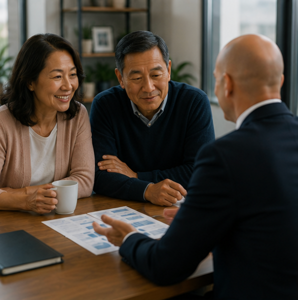 Three people discussing paperwork at a table in an office, with a coffee mug and notebook nearby. — Midcoast Financial Planning Group in Tuncurry, NSW