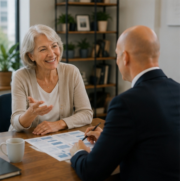 Two people discussing documents at a desk in a bright office, one smiling and gesturing. — Midcoast Financial Planning Group in Tuncurry, NSW