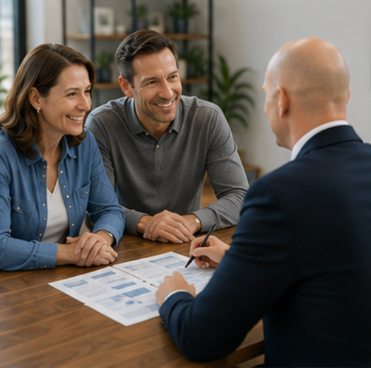 Two people smiling across a desk in a business meeting with a man in a suit — Midcoast Financial Planning Group in Tuncurry, NSW