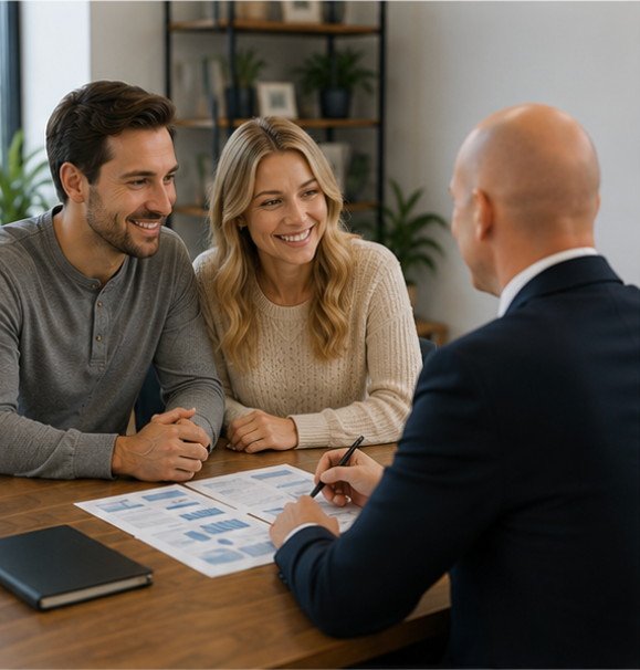 Two clients smiling across a desk with a financial advisor reviewing documents in an office — Midcoast Financial Planning Group in Tuncurry, NSW