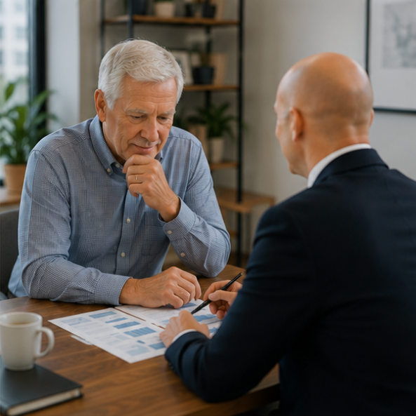 Two people discuss documents at a table in a bright office, one holding his chin thoughtfully. — Midcoast Financial Planning Group in Tuncurry, NSW