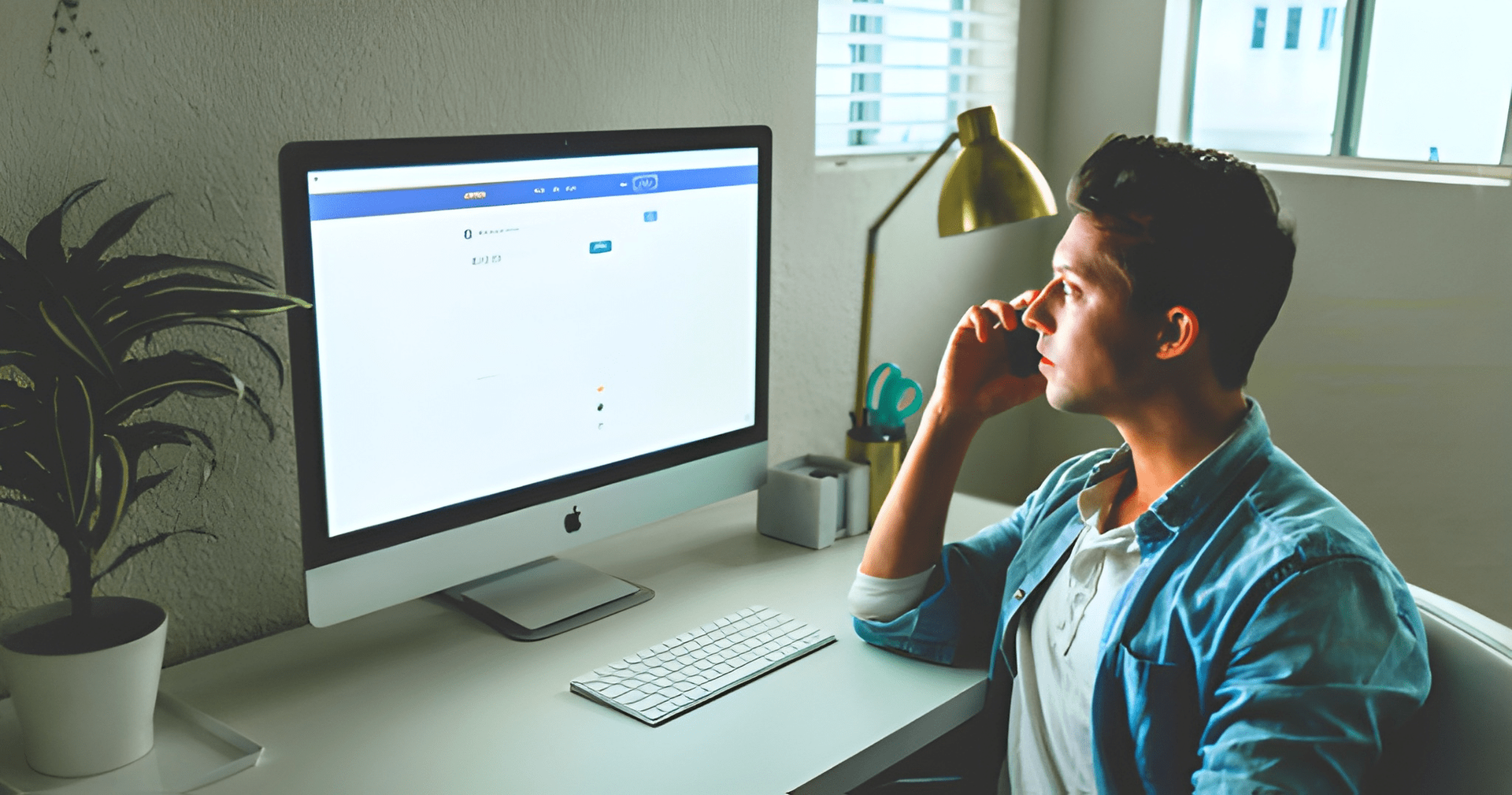 Man in Denim Shirt on Phone, Looking at a Computer Screen — Midcoast Financial Planning Group in Tuncurry, NSW