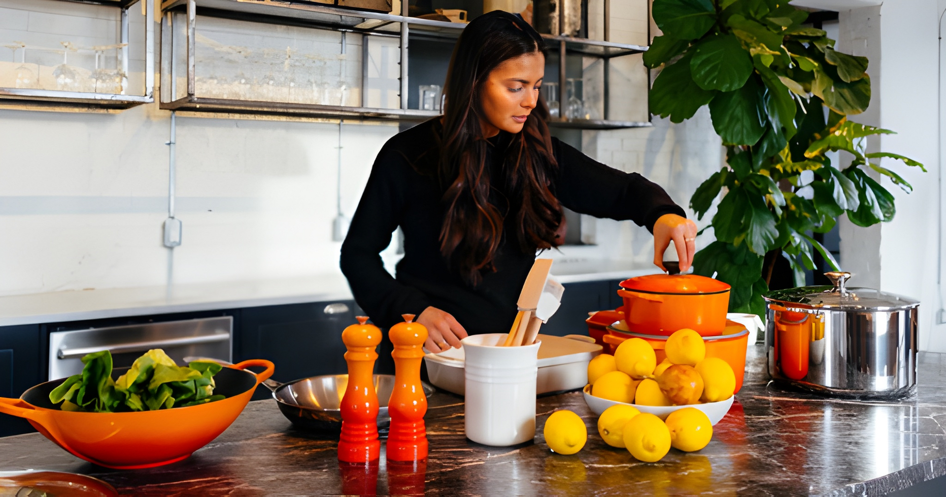 Woman in Black Sweater Cooking in a Kitchen, Using an Orange Pot — Midcoast Financial Planning Group in Tuncurry, NSW