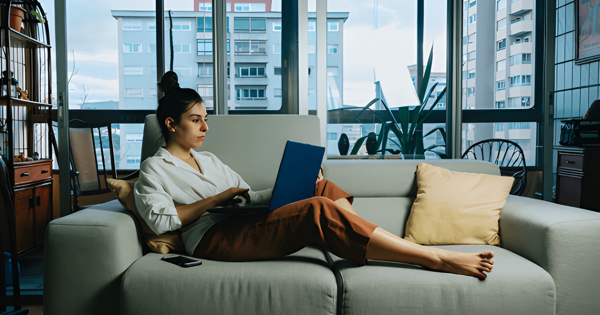 Woman on Couch Using Laptop, in Front of Large Window With City View — Midcoast Financial Planning Group in Tuncurry, NSW