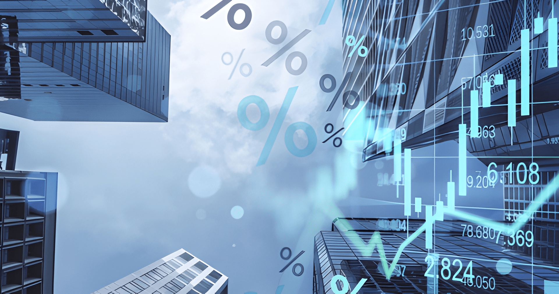 Skyscrapers With Overlaid Stock Chart and Percentage Symbols, Suggesting Financial Analysis — Midcoast Financial Planning Group in Tuncurry, NSW