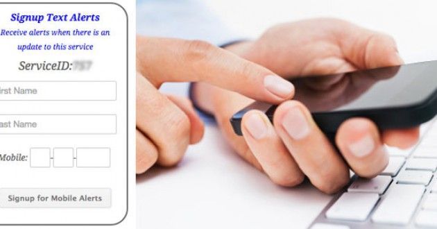 A person is using a cell phone next to a signup text alerts page