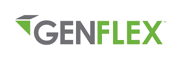Genflex logo: gray text with a green diamond graphic, green “FLEX”