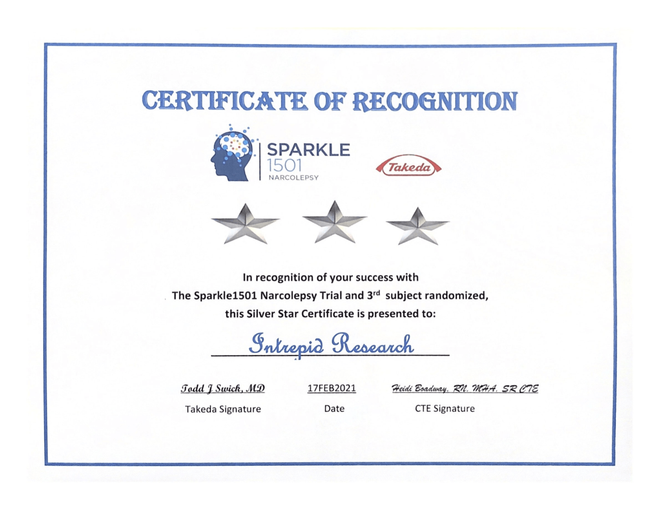 certification for intrepid research success with the Sparkle1501 Narcolepsy trial