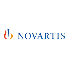 The logo for novartis is blue and orange with a flame in the middle | Intrepid Research