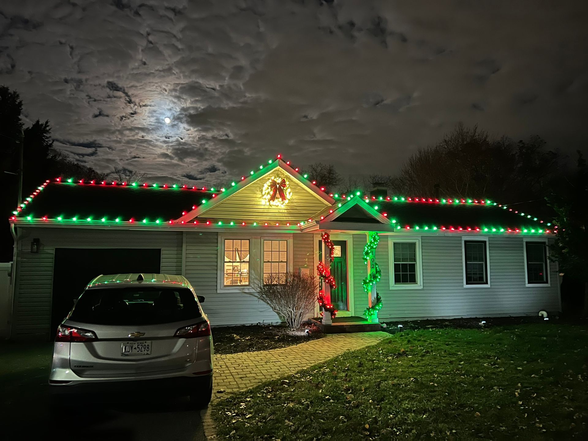 A house with a colorful holiday lights