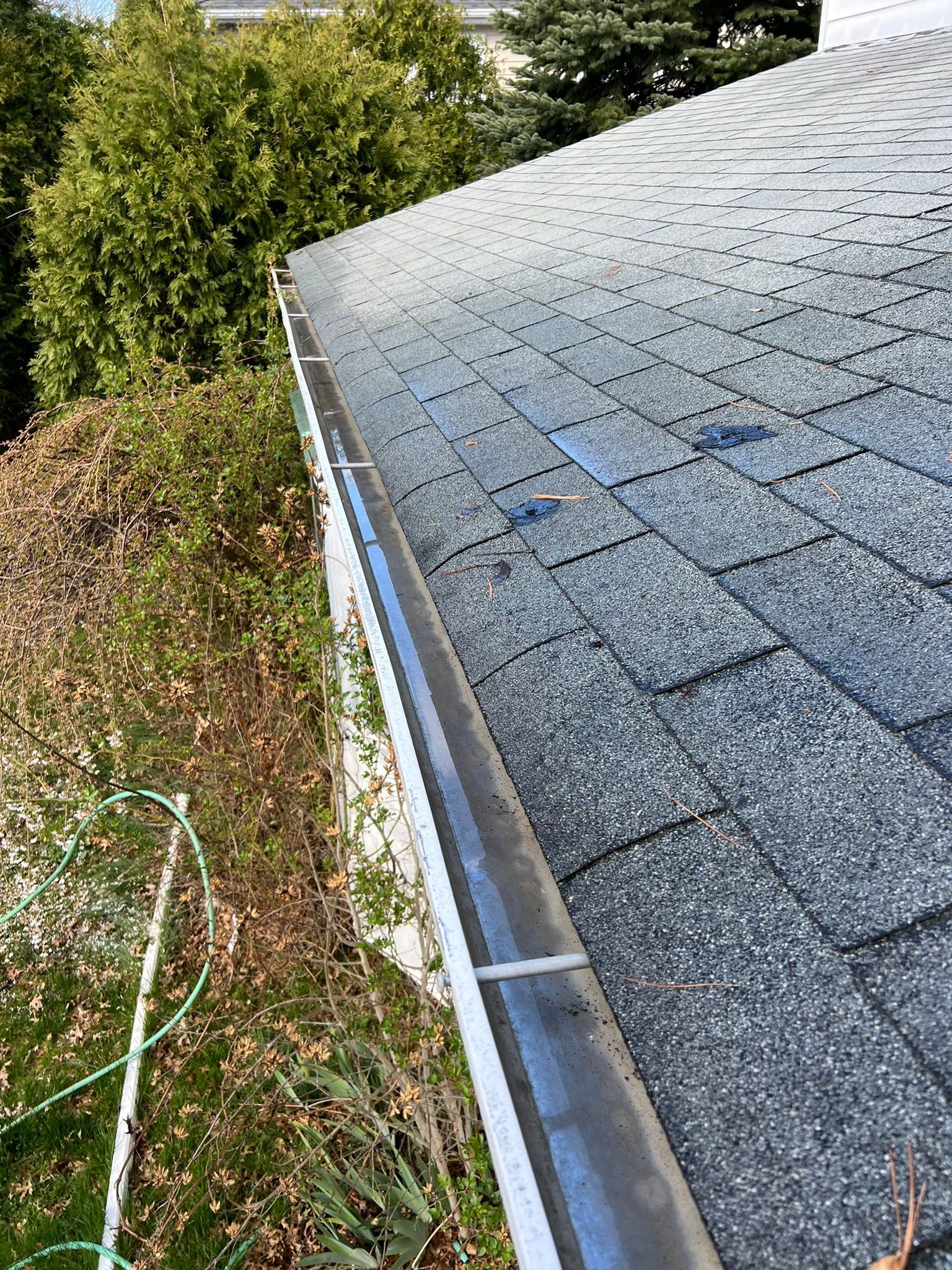 A close up of a gutter on a roof with trees in the background