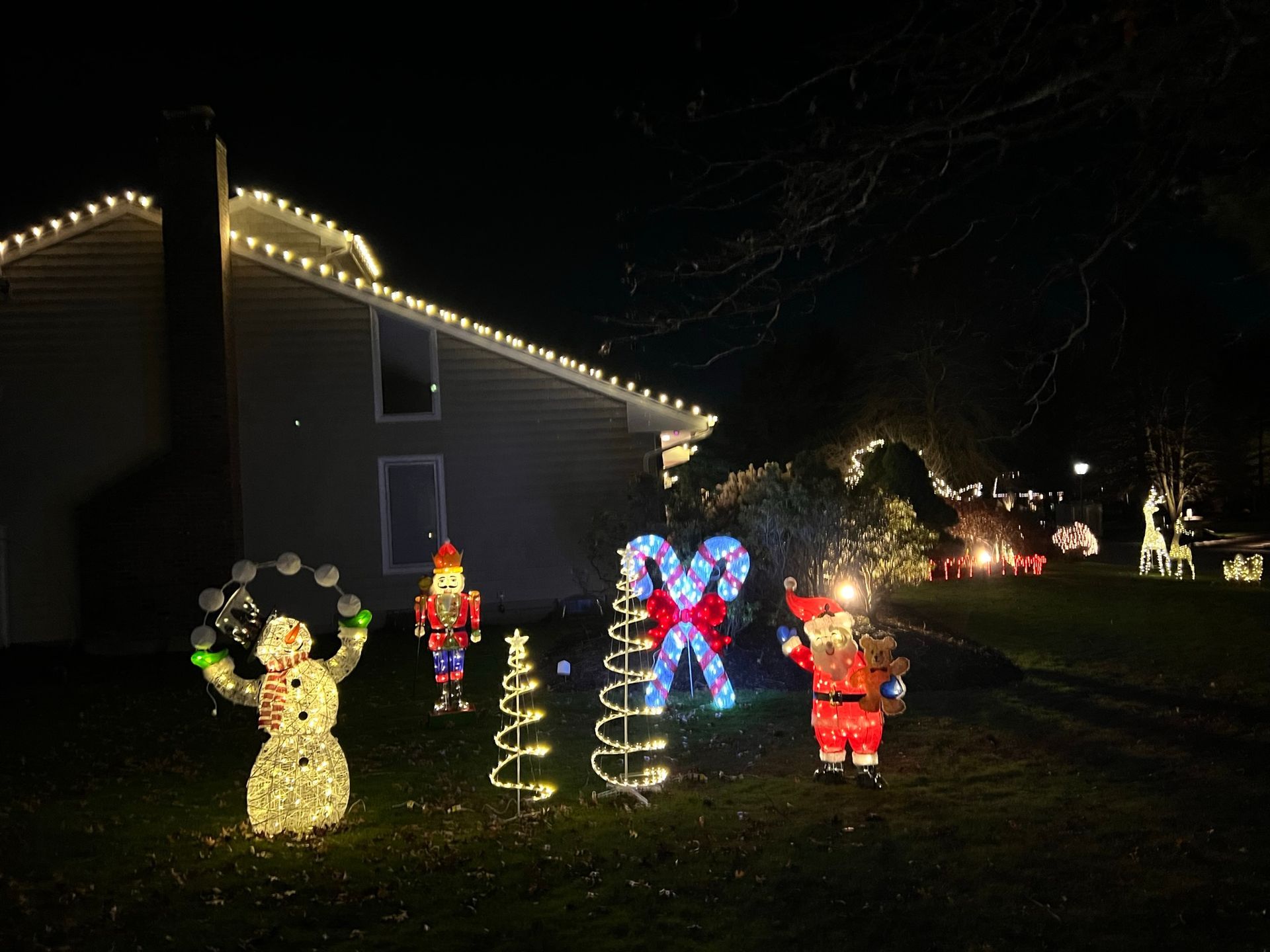 Festively decorated home with white holiday lights