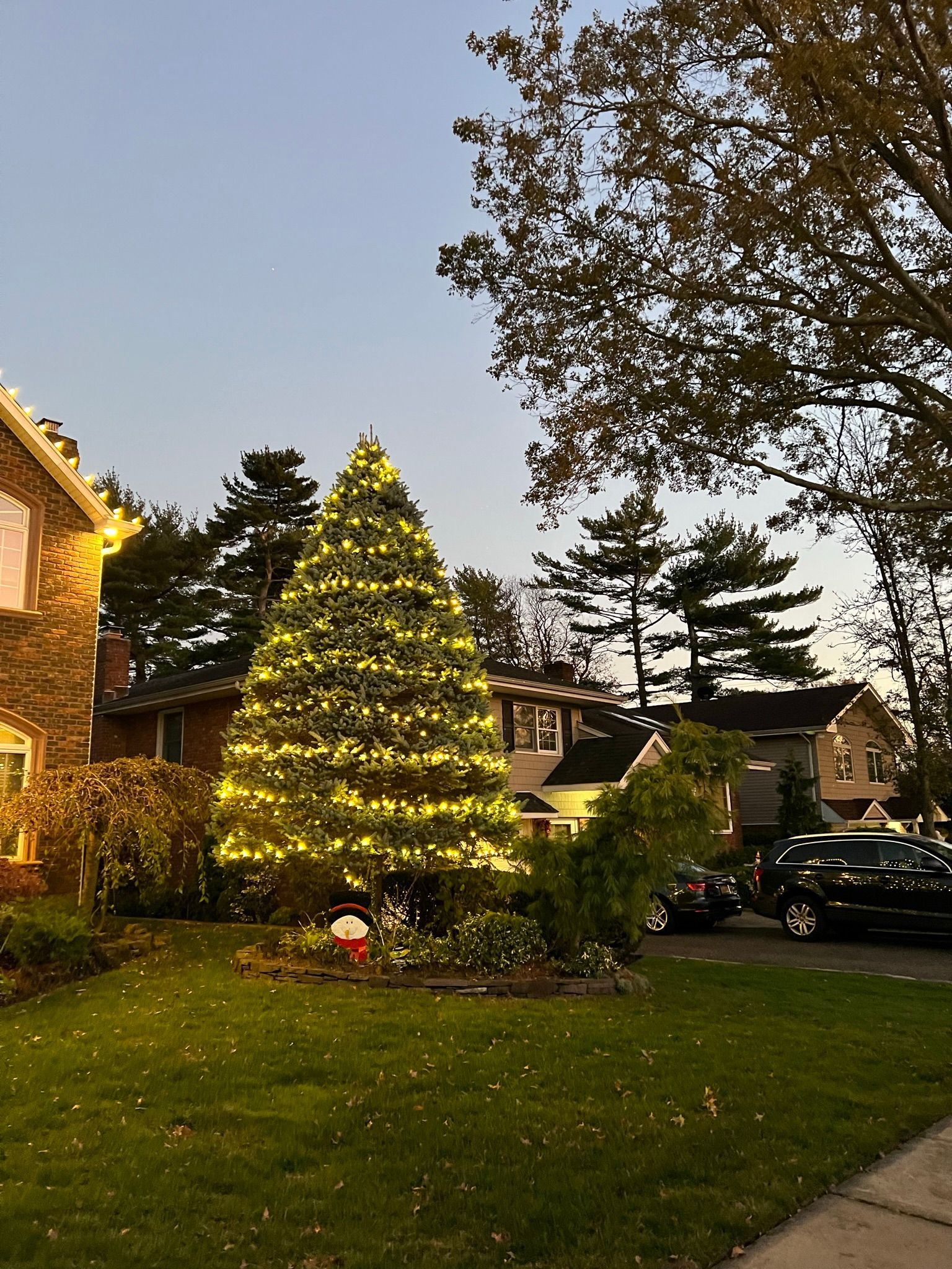 A christmas tree is lit up in front of a house