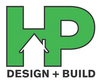 Green "HP" logo with a house icon, "DESIGN + BUILD" below in black text.