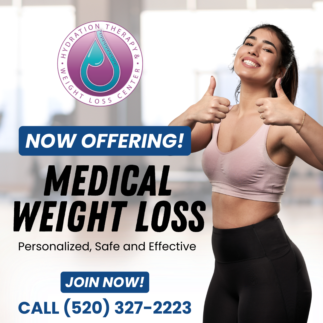 Ad for medical weight loss. Woman giving thumbs-up. Blue and white text reads