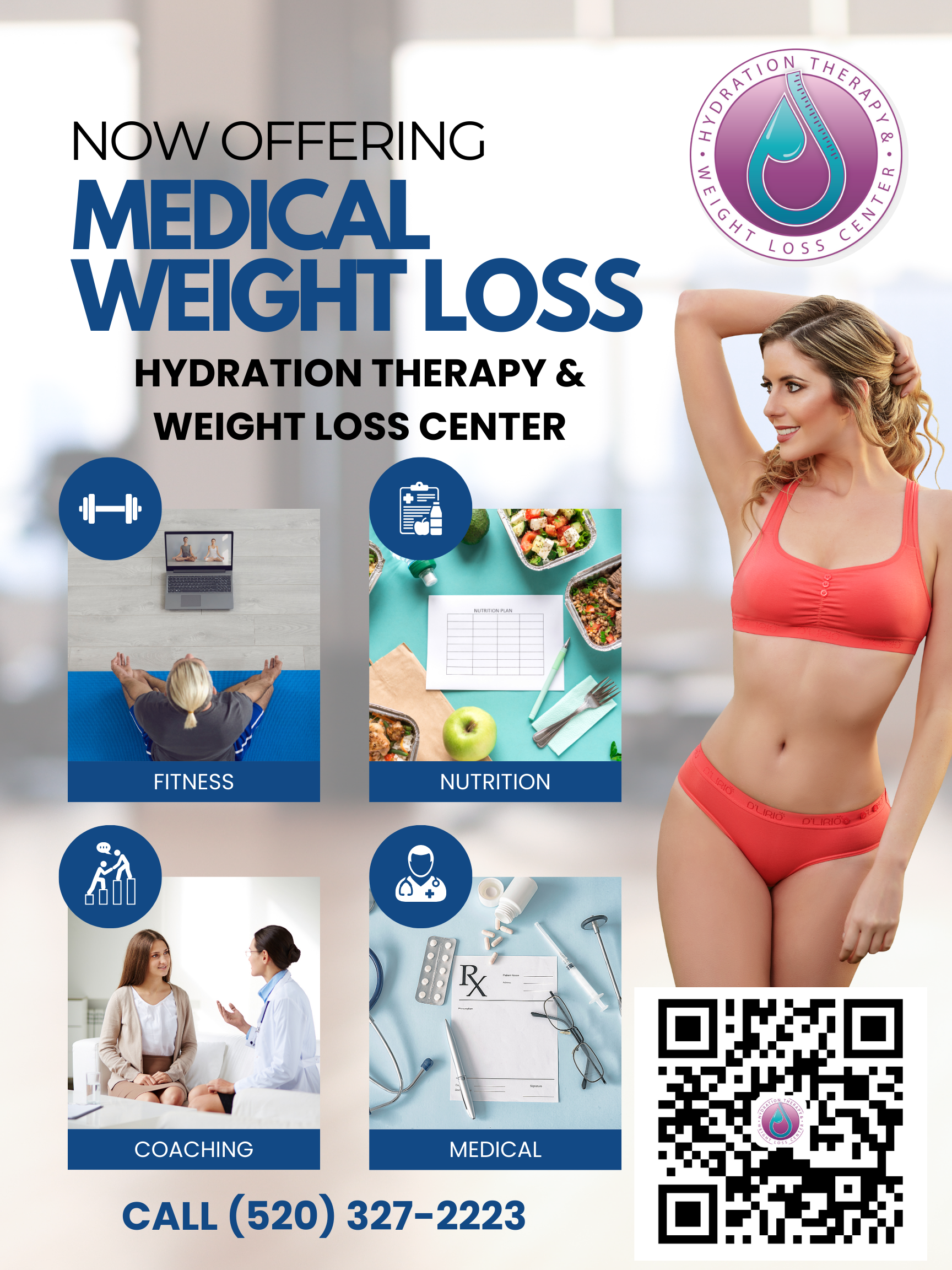 Medical weight loss center ad with woman in red lingerie, hydration therapy icons, and a QR code.