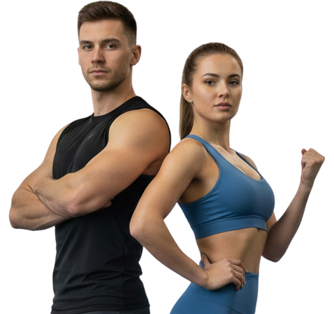 Fit couple in workout attire, back-to-back, looking forward. Man with crossed arms, woman with a fist raised.