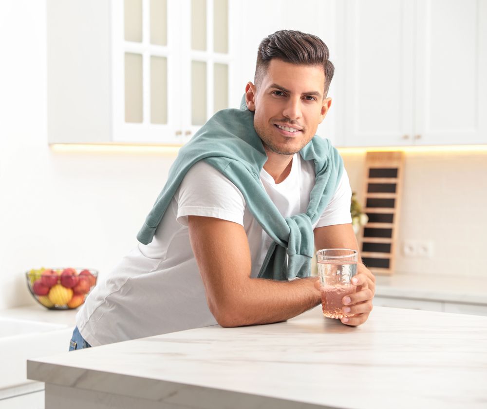 A man is sitting at a kitchen counter holding a glass of water.
