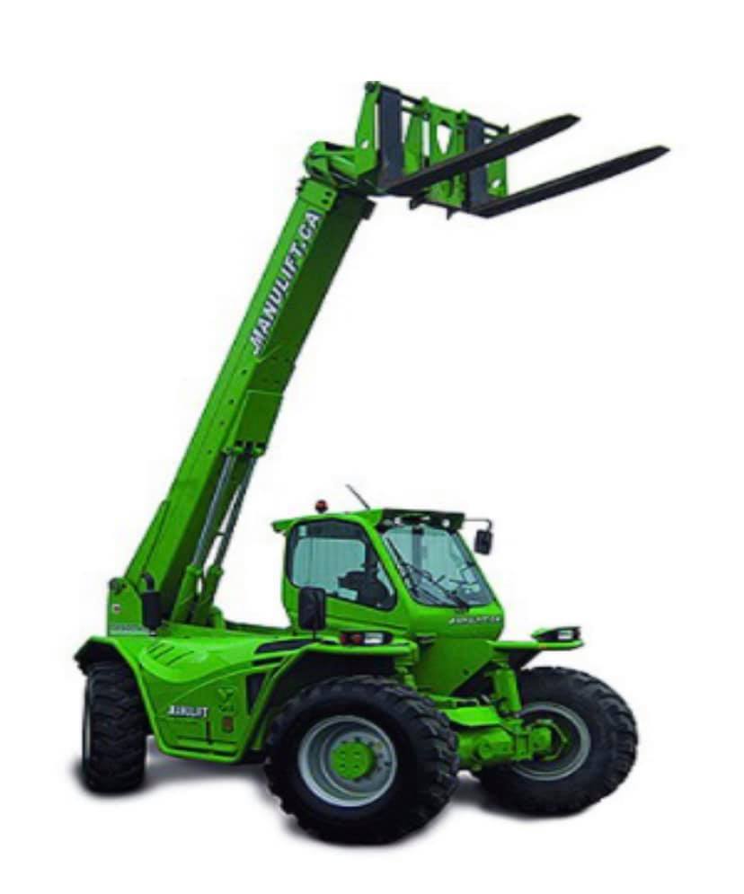 Chariot télescopique vert avec flèche et fourches extensibles, en extérieur.