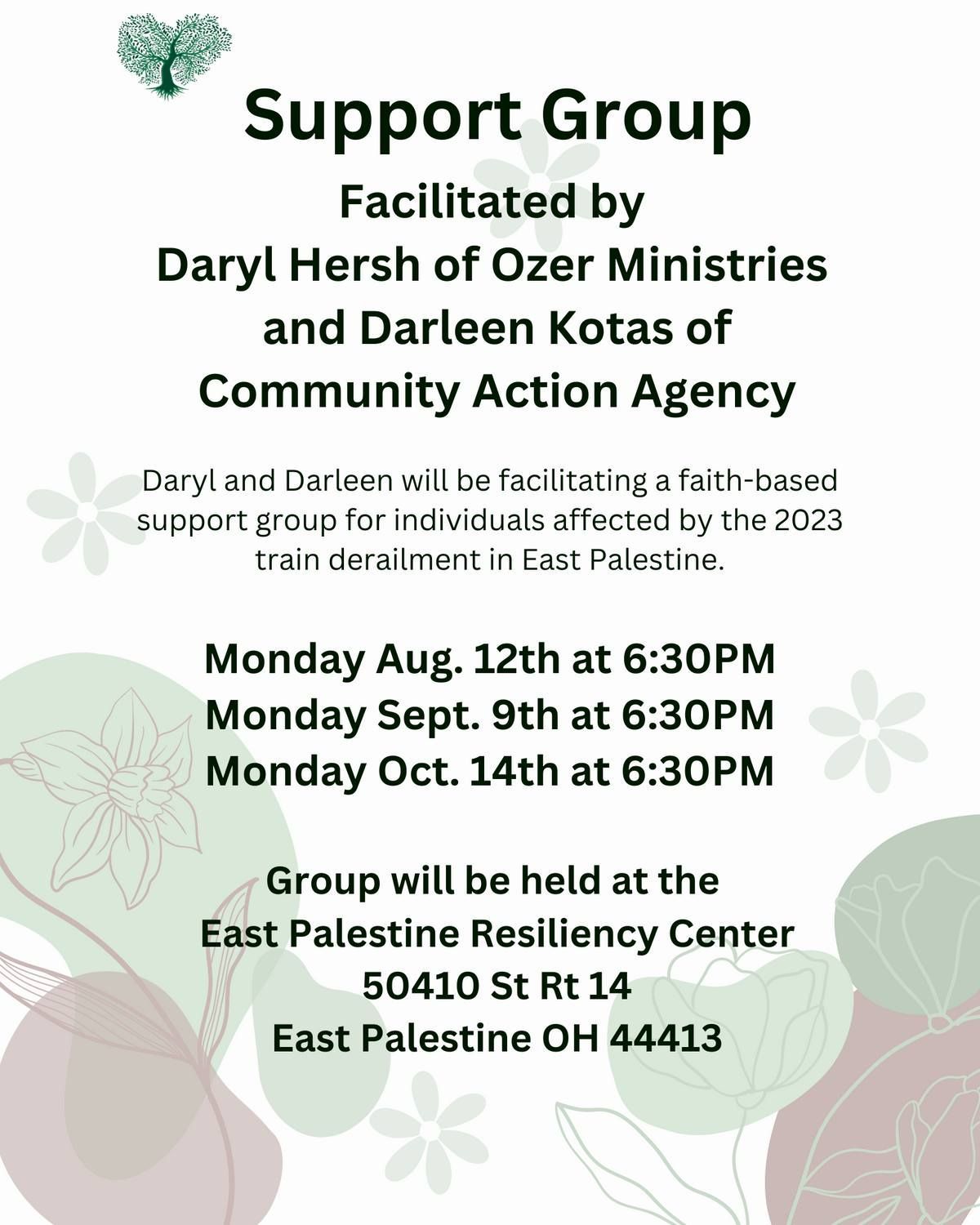 A poster for east palestine support group hosted by john and daryl hersh of ozer ministries