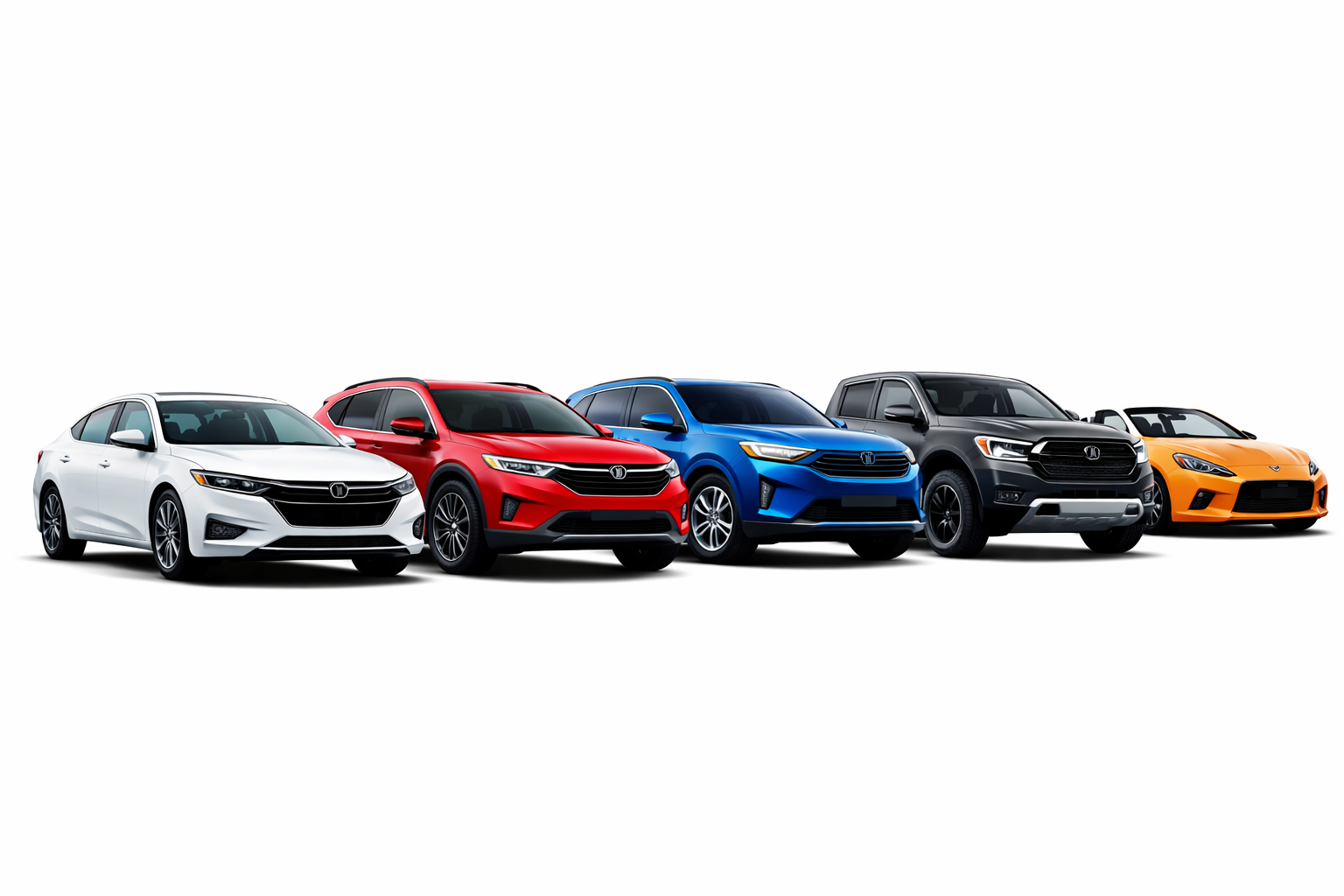 A lineup of five Nissan vehicles in white, red, blue, grey, and orange against a plain white background.