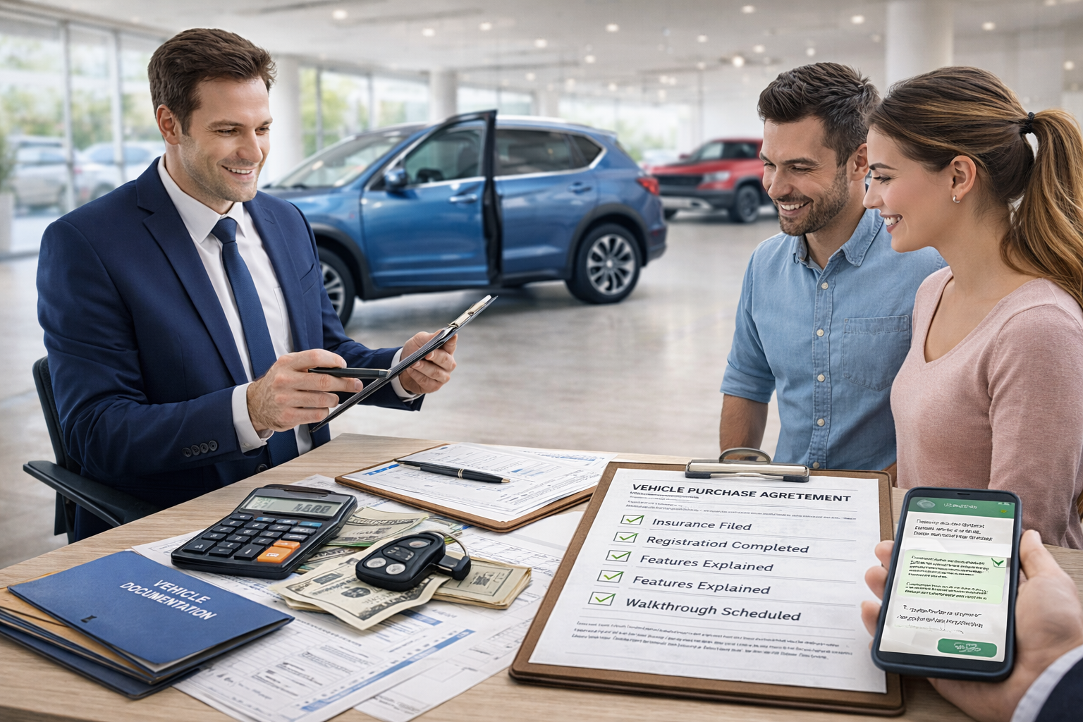 A salesperson and a couple review paperwork at a desk in a car dealership, with a blue vehicle in the background.