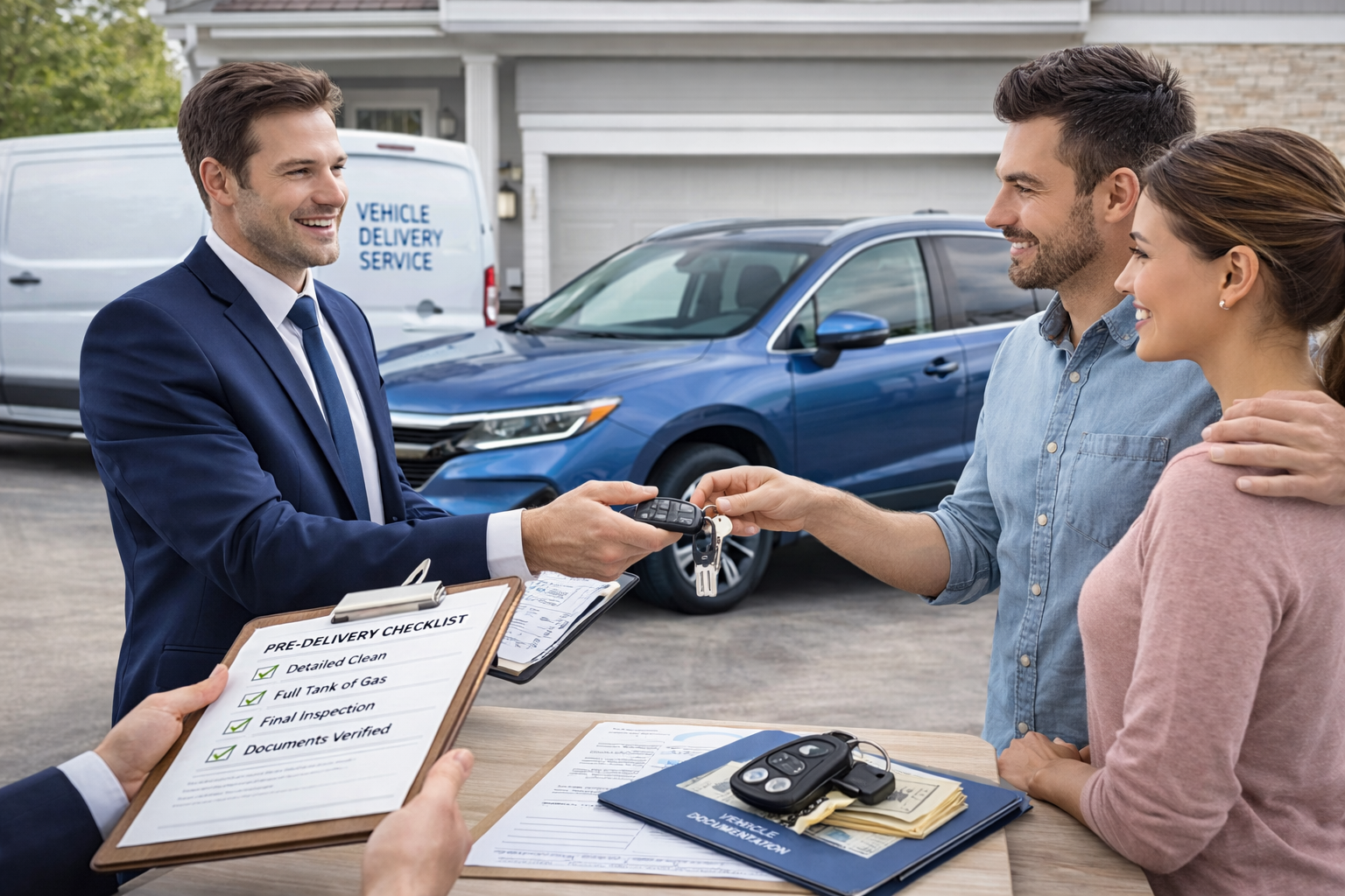A salesperson hands car keys to a couple in a driveway with a blue car and a delivery van in the background.